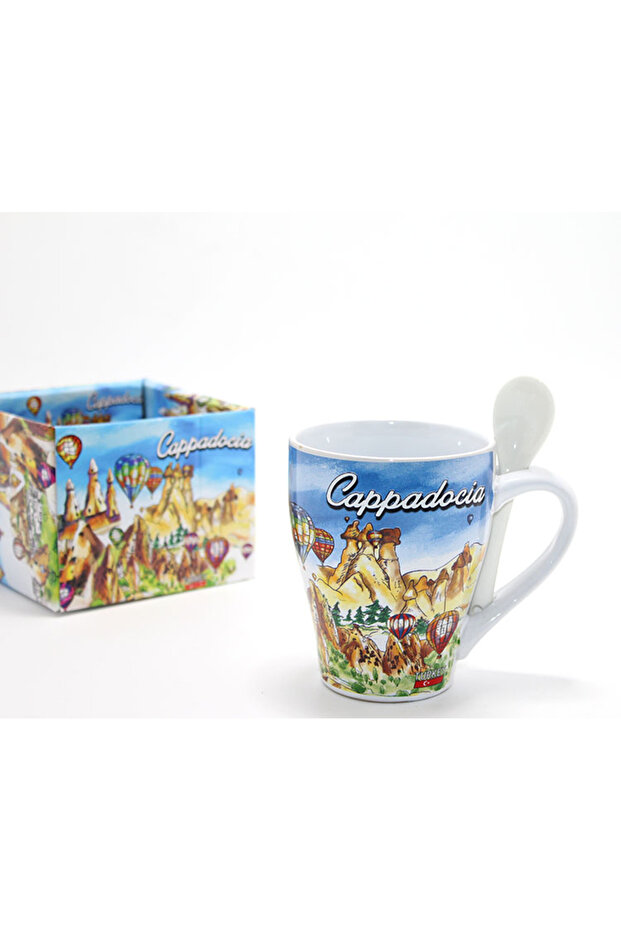 White Cappadocia View Mug with Spoon - Ceramic Body - Gift Set