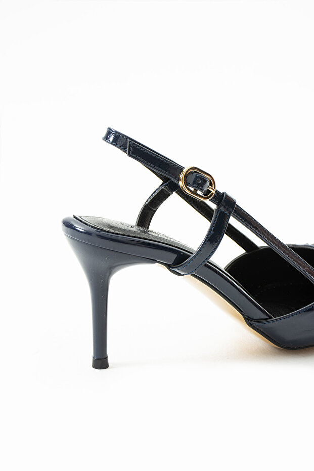 Parlak Lacivert Stiletto |Vegan Deri,7cm Topuklu, Bilekten Bantlı,Tokalı Sivri Burun Şık Topuklu - 6