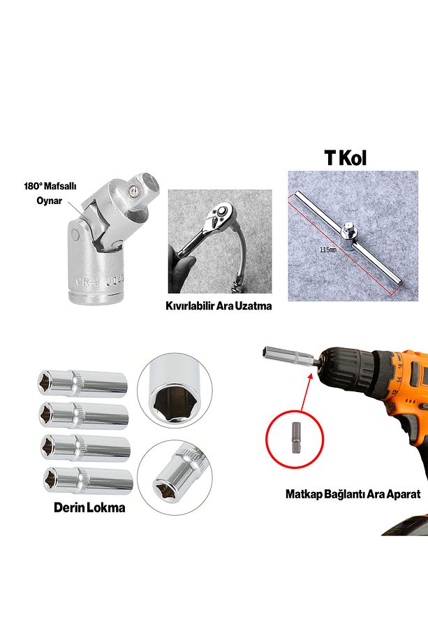 Lokma Anahtar Takımı 53 Parça Uzatma Kolu Mafsallı 1/4 Yıldız Hex Tork Düz Set Bits Uç Allen - 3