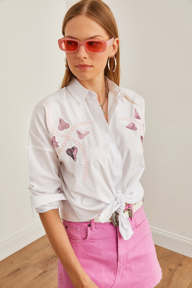 Women's Heart White Palm Sequin Detailed Woven Shirt Gml- 19001225
