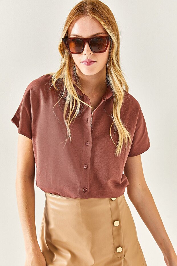 Women's Brown Bat Oversize Linen Shirt GML-19001109