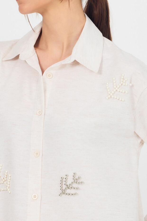 قميص لؤلؤي منقوش بأوراق شجر طبيعية 4660A - 4