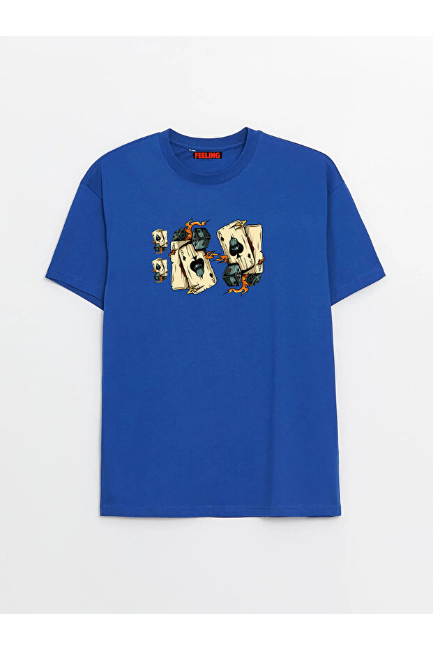 Unisex Soft Textured Women's Men's Oversize Crew Neck Cotton Playing Card Printed Basic T-Shirt