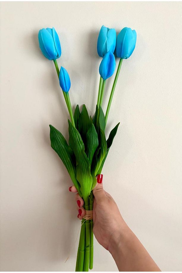 Yapay Çiçek Islak Mavi Lale Islak Dokulu Kaliteli 45 Cm. 5 Dallı. ( 3 Çiçek 2 Tomurcuk) - 4