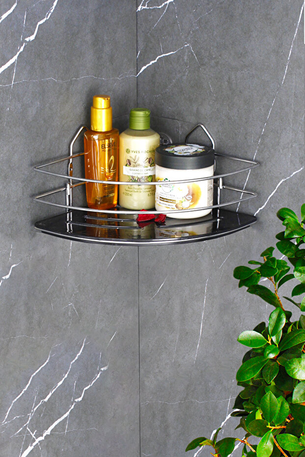 Economical Chrome Shampoo Rack with Crystal Shelf Adhesive Bathroom Corner Shower Shelf