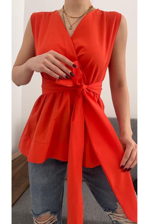Women's V-Neck Double Breasted Belted Poplin Blouse