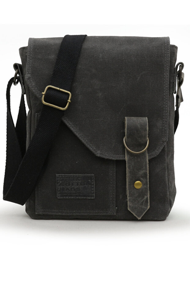 7059 Pretty Black Genuine Leather Water Resistant Waxed Canvas Messenger Shoulder School Bag