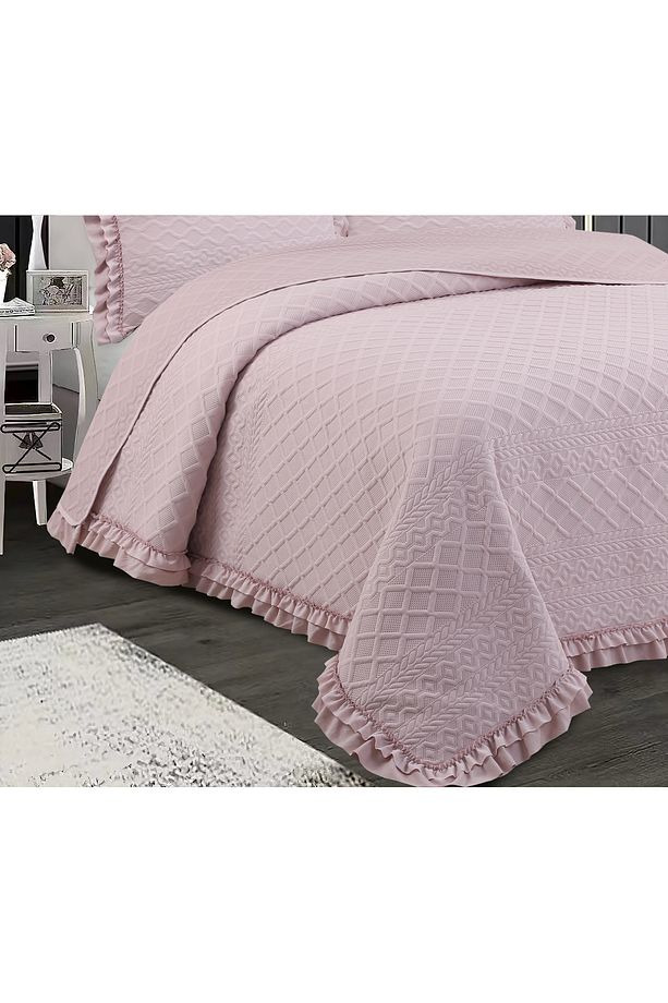 Hazel Washed Fırfırlı Çift Kişilik Pudra Yatak Örtüsü Takımı - 3