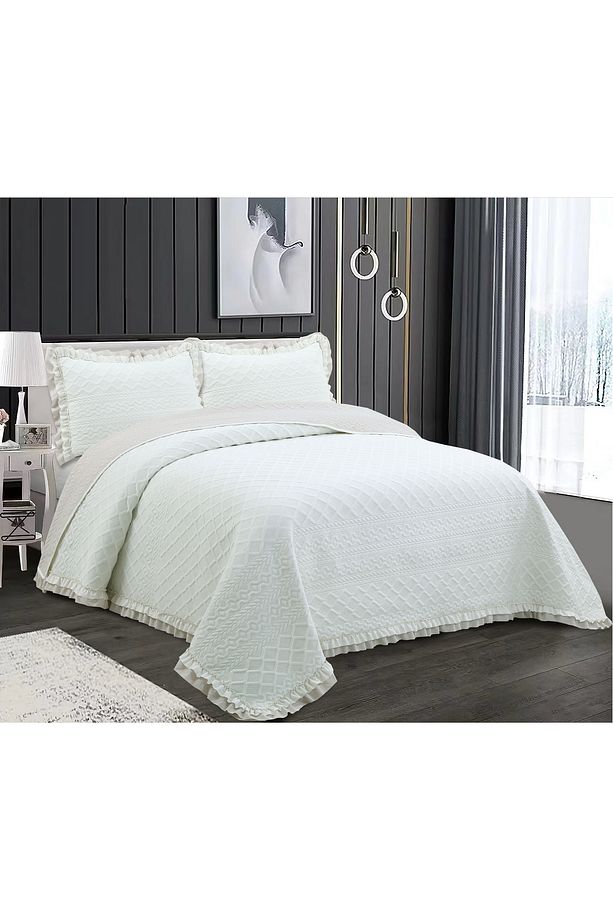 Hazel Washed Fırfırlı Çift Kişilik Krem Yatak Örtüsü Takımı - 1