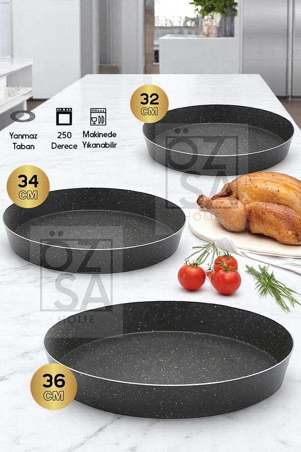 3'lü Granit Fırın Tepsi Seti Yuvarlak Fırın Tepsi Set 32-34-36 Cm - 2