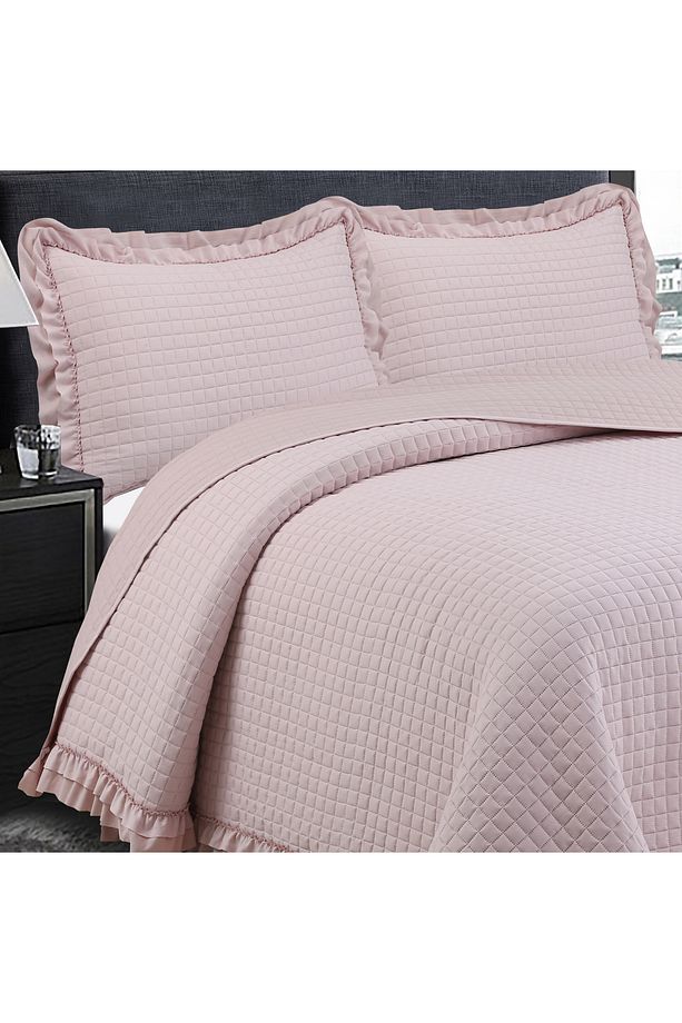 Square Washed Fırfırlı Çift Kişilik Pudra Yatak Örtüsü Takımı - 2