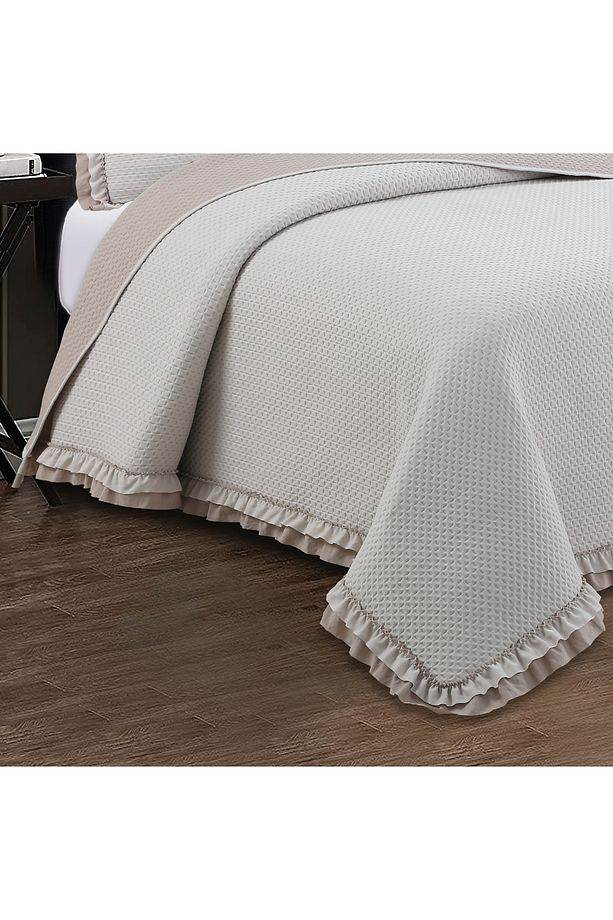 Rüya Washed Fırfırlı Çift Kişilik Bej Yatak Örtüsü Takımı - 3
