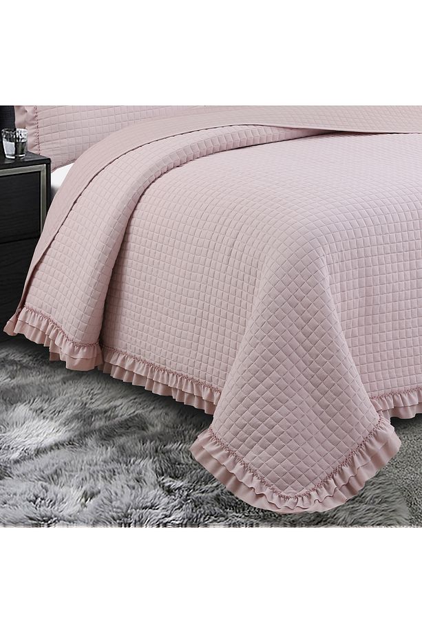 Square Washed Fırfırlı Çift Kişilik Pudra Yatak Örtüsü Takımı - 3
