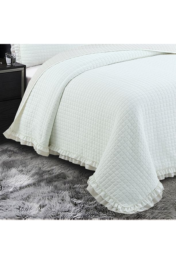 Square Washed Fırfırlı Çift Kişilik Krem Yatak Örtüsü Takımı - 3