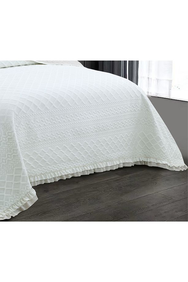 Hazel Washed Fırfırlı Çift Kişilik Krem Yatak Örtüsü Takımı - 4