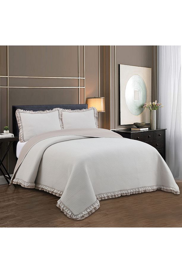Rüya Washed Fırfırlı Çift Kişilik Bej Yatak Örtüsü Takımı - 1