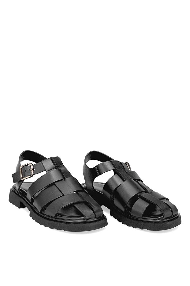 Elit Nerina Women's Genuine Leather Orthopedic Flat Sandals Black