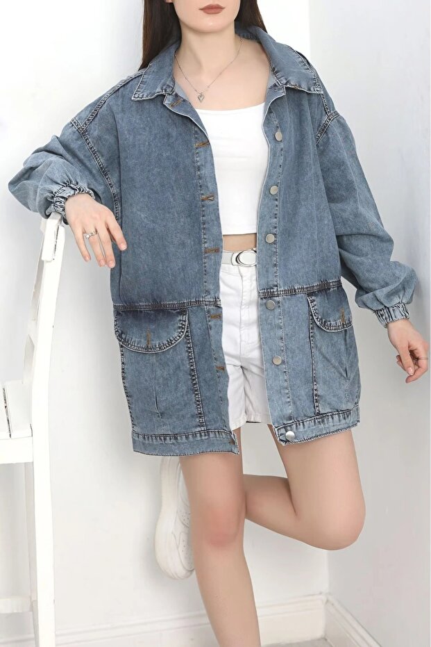 Oversized Bellowed Denim Jacket with Pockets