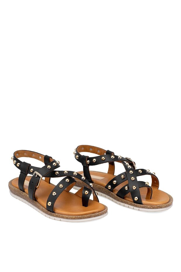 Elit Oriana Women's Genuine Leather Flat Sandals Black