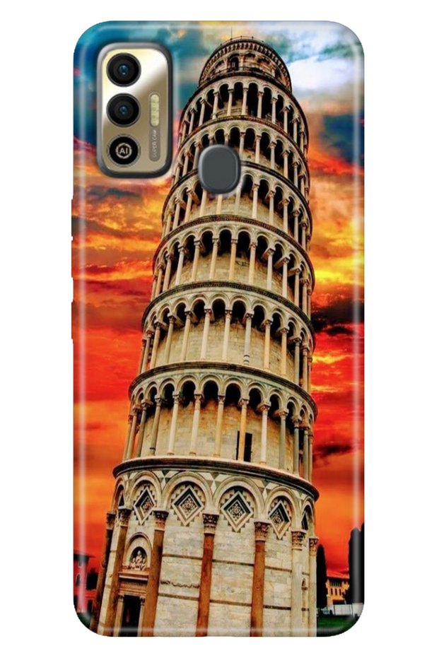 حافظة Tecno Spark 7 - 7T مصنوعة من مادة TPU ذات نمط ملون ونقوش من السيليكون على شكل برج البيتزا من تكنو