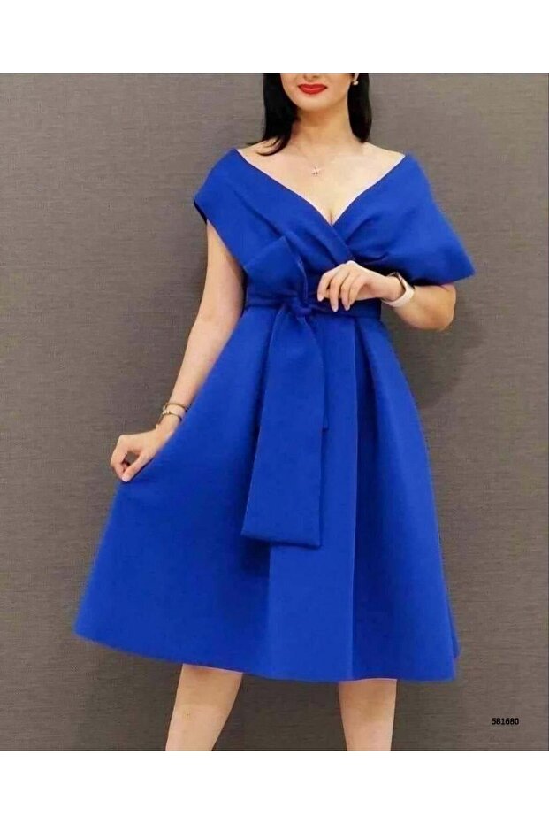 Self-Belted Pleated Mid-Length Cobalt Blue Dress 581680