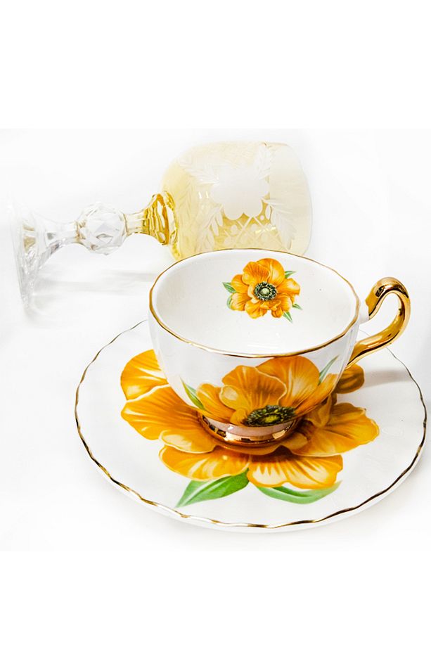 TEK KİŞİLİK YELLOW FLOWER KAHVE FİNCAN VE KAHVE SU BARDAĞI - 4