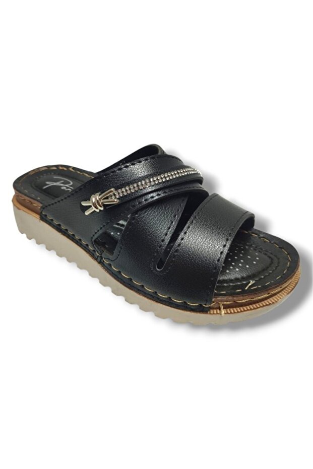 3001-25 Leather Anatomical Soft Cross Band Stripe Stone Women's Slippers