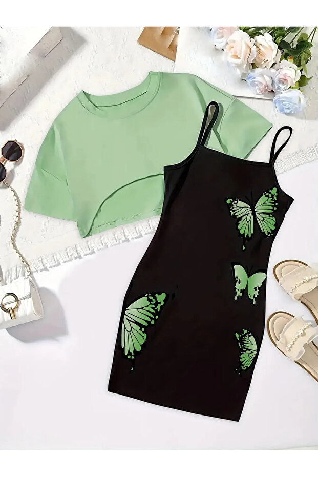 Children's Butterfly Printed Dress & Crop T-Shirt 2-Piece Combination