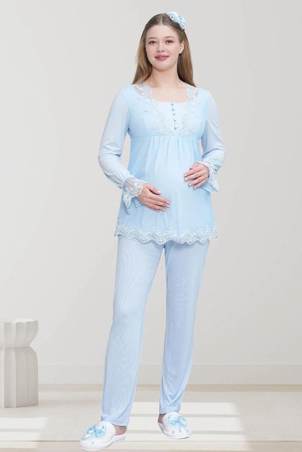 Women's Long Sleeve Lace (Guipure) Detailed Maternity Pajama Set 75% Cotton 25% Viscose