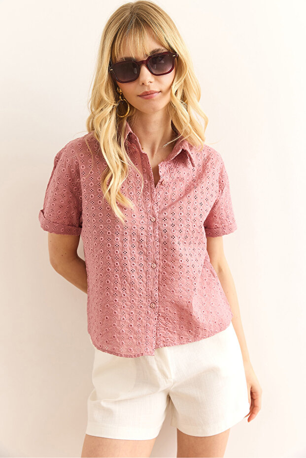 Women's Dusty Rose Double Sleeve Scallop Shirt Gml-19001340