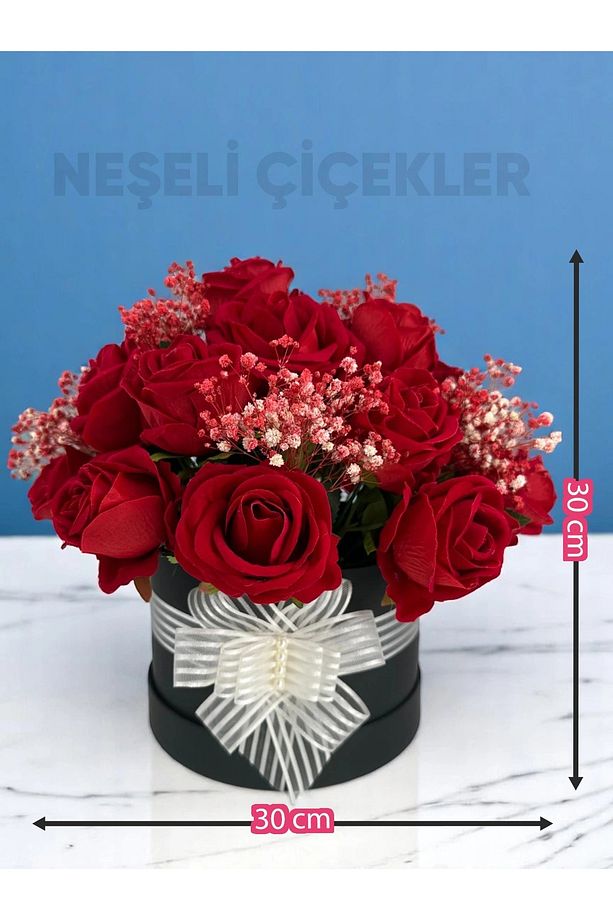 Yapay Çiçek Aranjmanı Silindir Kutuda Kırmızı Dekoratif Güller 30x30 cm Anneler Günü Hediyesi - 6