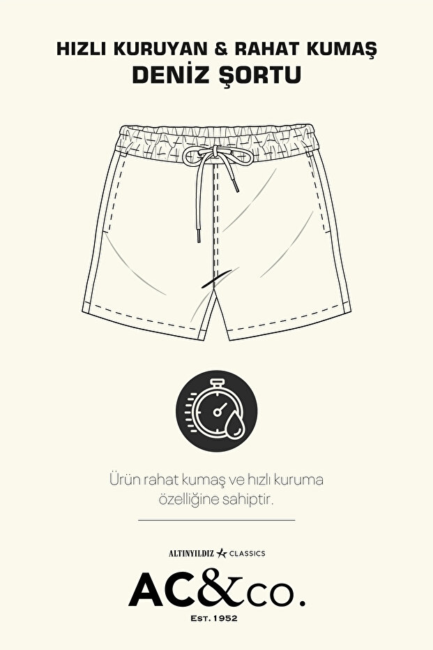 Erkek Mavi Hızlı Kuruyan Yan Cepli Desenli Standart Fit Normal Kesim Deniz Şortu Mayo - 4