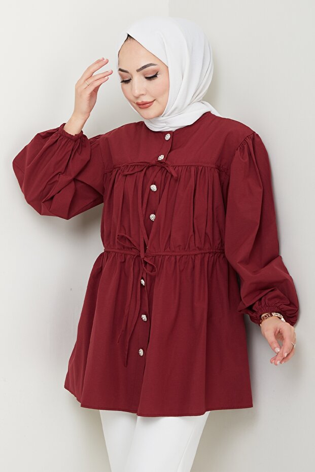 Stone Buttoned Gathered Claret Red Shirt