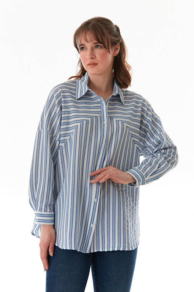 Çizgili Oversize Gömlek - 1