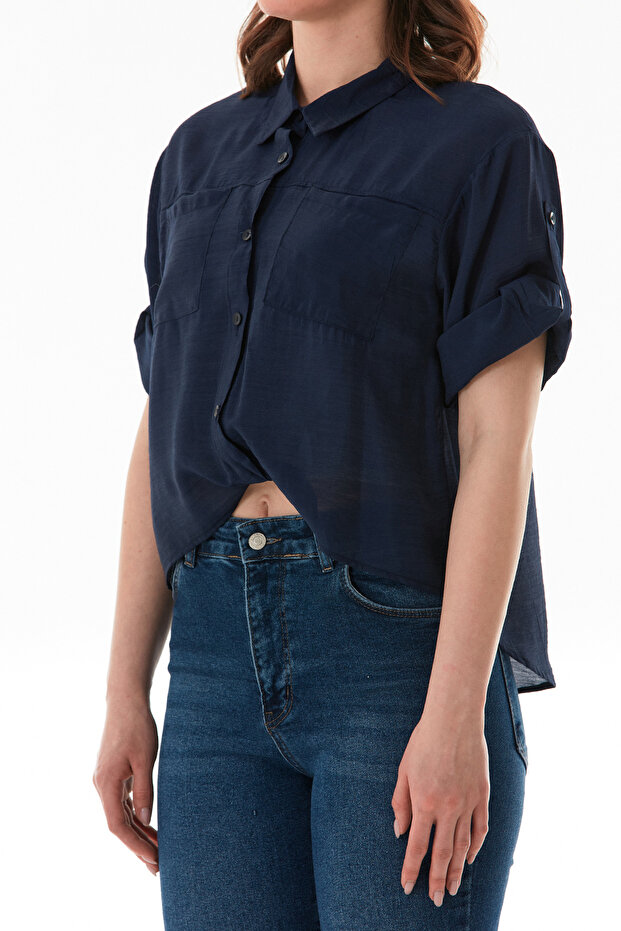 Basic Body Detaylı Çift Cepli Crop Gömlek - 7