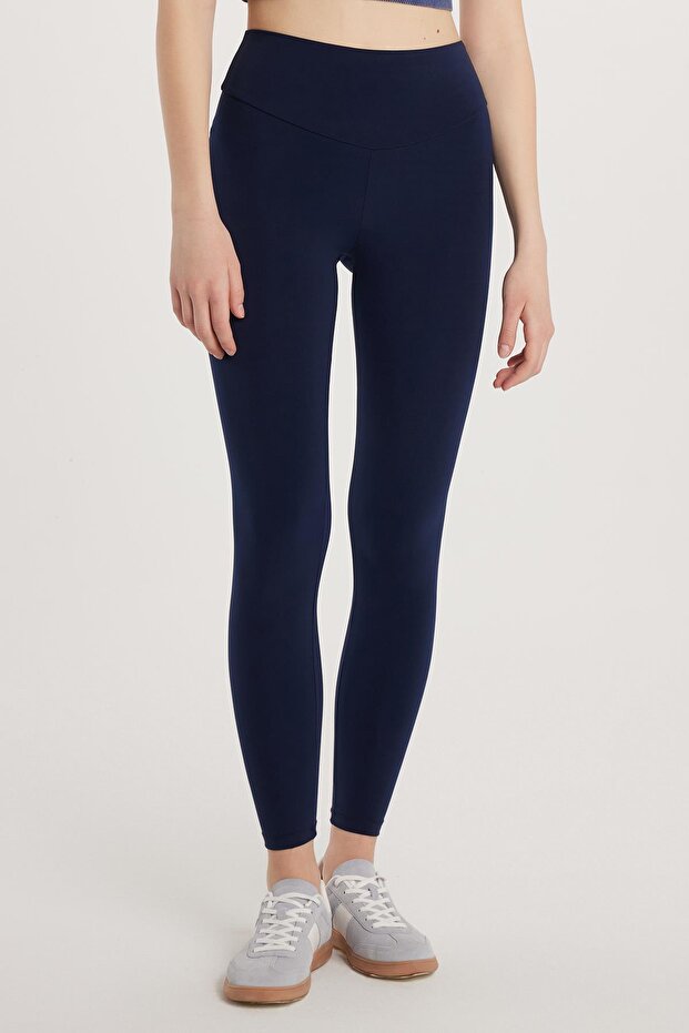 Women's Super Slim Elastic Waist Interlock Standard Size Normal Waist Navy Blue Tights