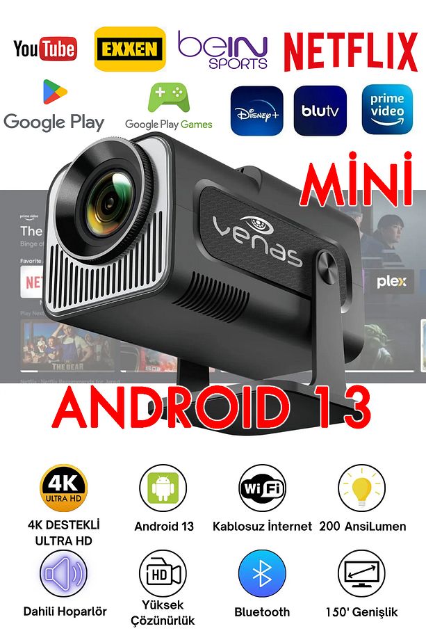 Android 13 işlemcili Taşınabilir Mini Projeksiyon Görüntü yansıtma USB HDMI Girişli - 1