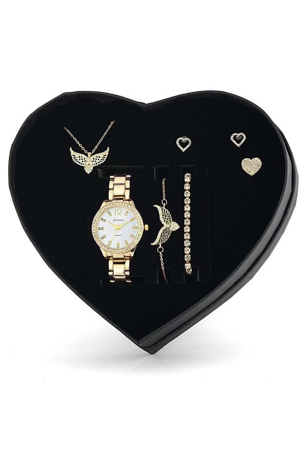 Women's Wristwatch Gold Color Angel Wing Necklace Earrings Bracelet Ring Gift Set - Ps1163