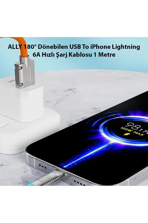 6A 120W İPHONE YÜKSEK HIZLI ŞARJ KABLOSU 180 DÖNER BAŞLIK - 3
