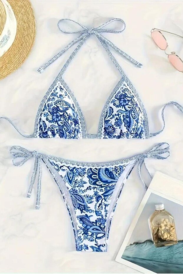 Blue Patterned Covered Bikini Set