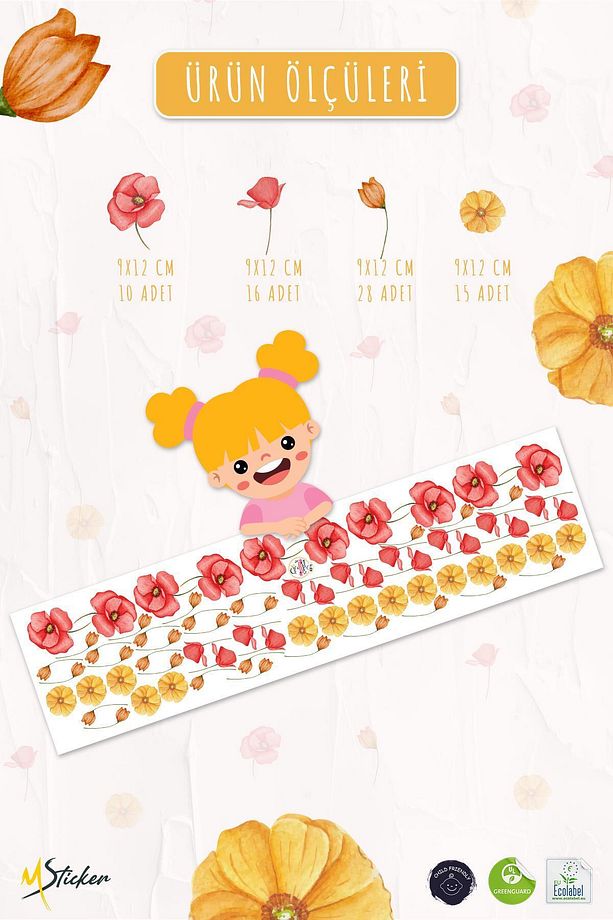 Sarı ve Pembe Tonlarda Renkli Çiçeklerden Oluşan Sticker Seti 48 Parça Özel Kesimli Mat Sticker - 5