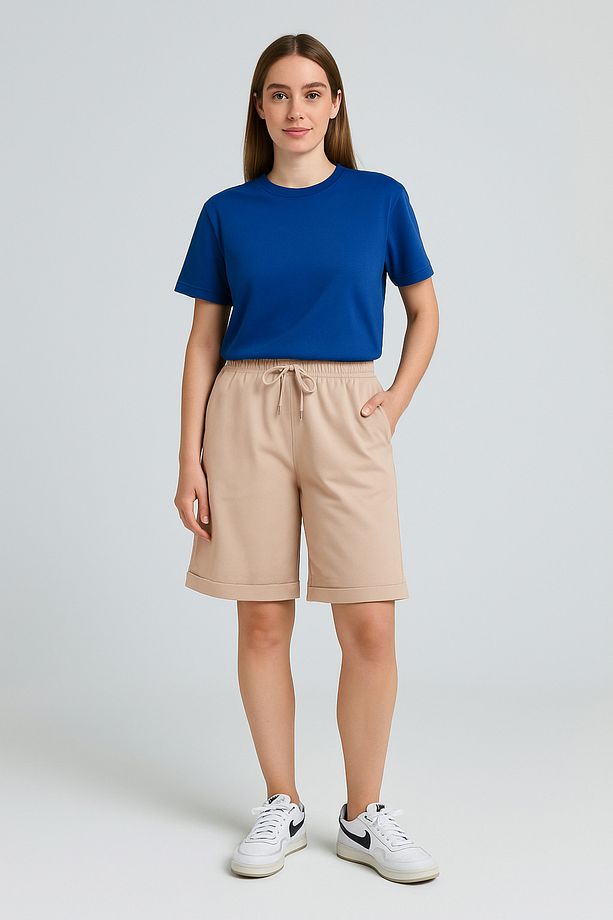 Relax Return Bej Beli Bağcıklı Oversize Unisex Bermuda Şort - 1