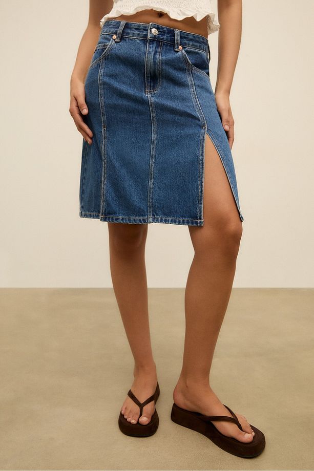 Çift yırtmaçlı denim midi etek - 2
