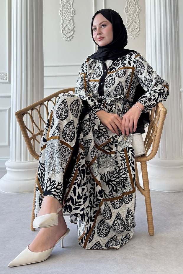 Belted Leaf Pattern Black Viscose Dress with Colorful Patches
