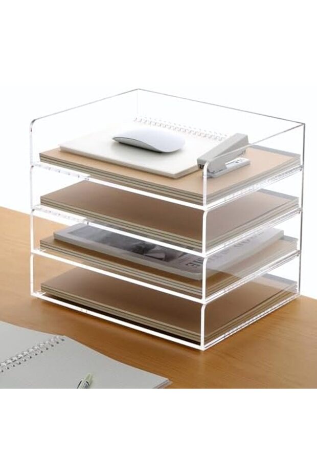 Acrylic Paper Tray, 4-Tier Desk Organizer, Clear Stackable Letter Tray for School & Office