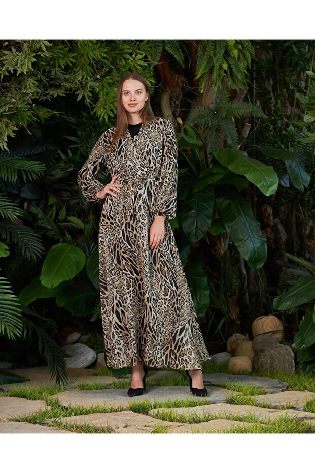 Two-Breasted Collar Leopard Pattern Chiffon Dress