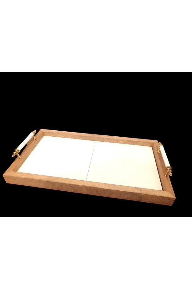 İçi 20x20cm 2 Adet Kare Ham Çini Bisküvisi ve  Ahşap Tepsi - 8