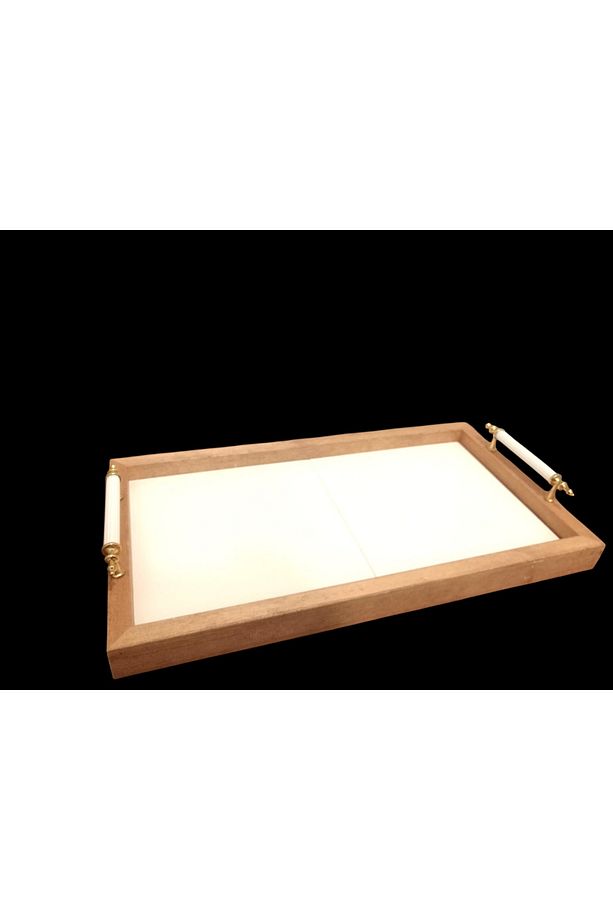 İçi 20x20cm 2 Adet Kare Ham Çini Bisküvisi ve  Ahşap Tepsi - 7