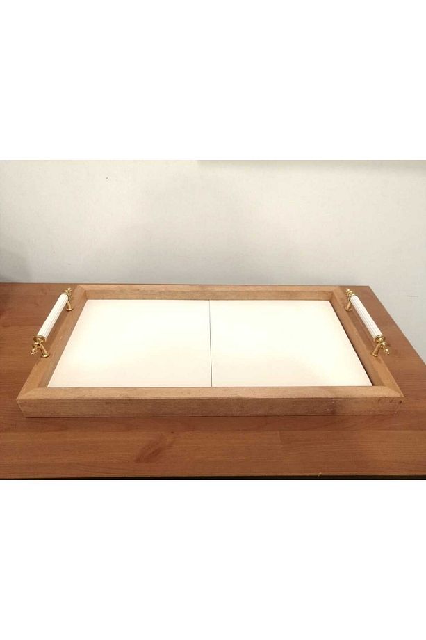 İçi 20x20cm 2 Adet Kare Ham Çini Bisküvisi ve  Ahşap Tepsi - 4