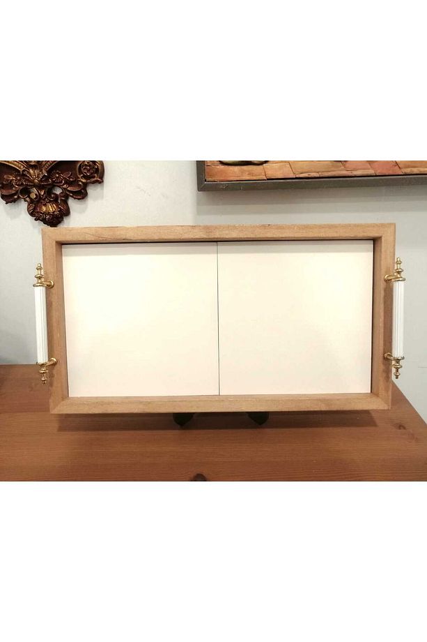İçi 20x20cm 2 Adet Kare Ham Çini Bisküvisi ve  Ahşap Tepsi - 2